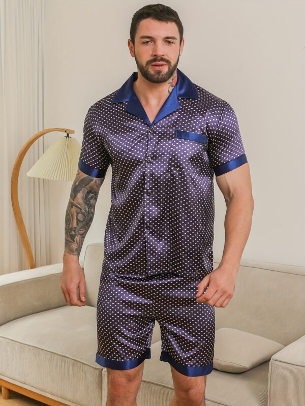 2pcs Men's Pajamas Spring Summer Autumn Winter Short Sleeve Shorts with Collar and Contrast Polka Dot Wearable Soft Loungewear Set - Image 3