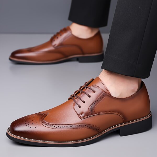 Men's Genuine Leather Brogue Derby Shoes - British Style Lace-Up Formal & Casual Dress Shoes with Round Toe, Breathable Perforations, Cushioned Insole & Non-Slip Rubber Sole for Weddings, Office, Daily Wear, Office Footwear, Elegant Footwear, Durable Construction, Business Attire - Image 8