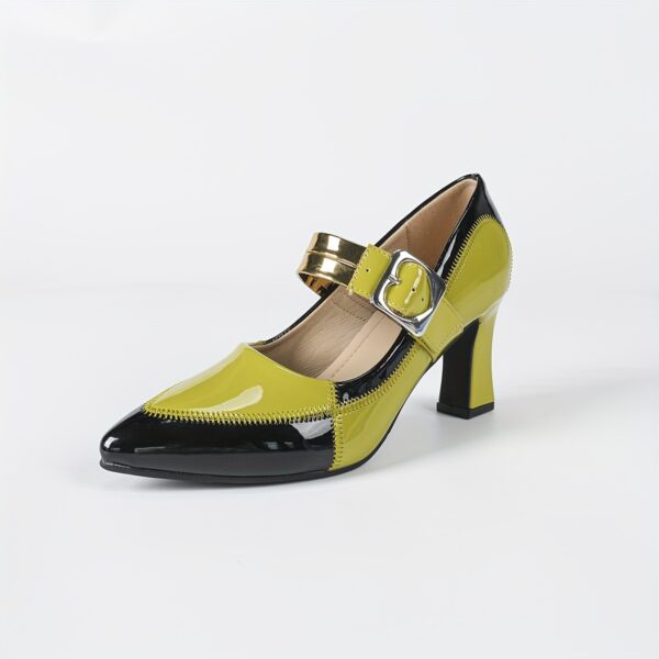 Elegant Women'S Color Block Mary Jane Pumps - Pointed Toe, High Block Heel, Synthetic Cover Upper & Lining, TPU Sole, Summer Fashion Shoes with Golden Buckle Detail, Pointed Toe Pumps | Color Block Shoes | Durable Footwea - Image 9