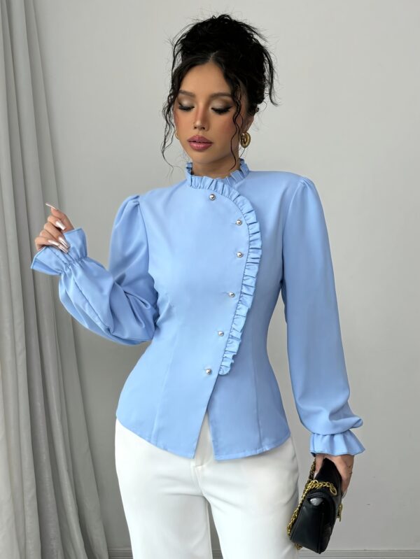 Elegant French-Inspired Women's Shirt - Blue Asymmetrical Button Front with Ruffled Cuffs, Semi-Sheer Long Sleeve Blouse, Machine Washable All-Season Versatile Top for Casual & Formal Wear, Elegant Women's Clothing | Ruffled Sleeve Blouse | Refined Appearance