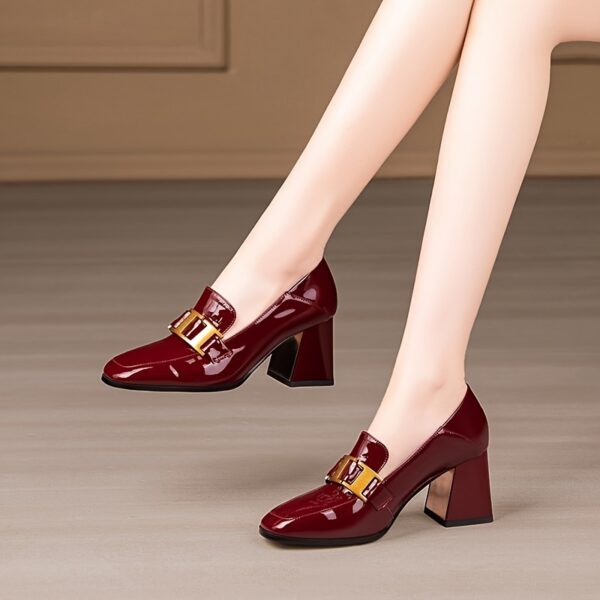 Women's Burgundy Synthetic Cover Block Heel Pumps - Round Toe Comfortable Mid Heel Shoes with Golden Buckle Straps, Versatile for Office & Evening Wear, Evening Wear Heels, Sleek Shoe Design, Durable Rubber Sole