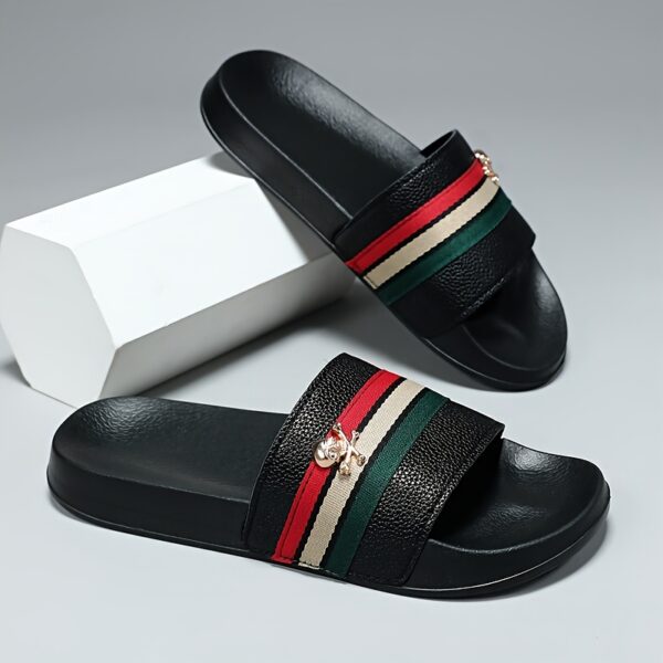 Men's Casual EVA Slide Slippers with Non-Slip Sole - Lightweight Indoor/Outdoor House Shoes for Bathroom, Home & Summer, Black Striped Design with Golden Emblem, All-Season Comfort, Indoor Slippers, Sleek Leatherlook, Leatherlike Texture, Durable Slipresistant - Image 3