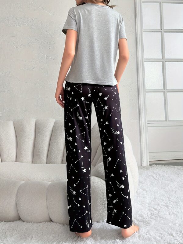 Heart & Star & Letter Print Pajama Set, Casual Short Sleeve Round Neck Top & Elastic Pants, Women's Sleepwear - Image 4