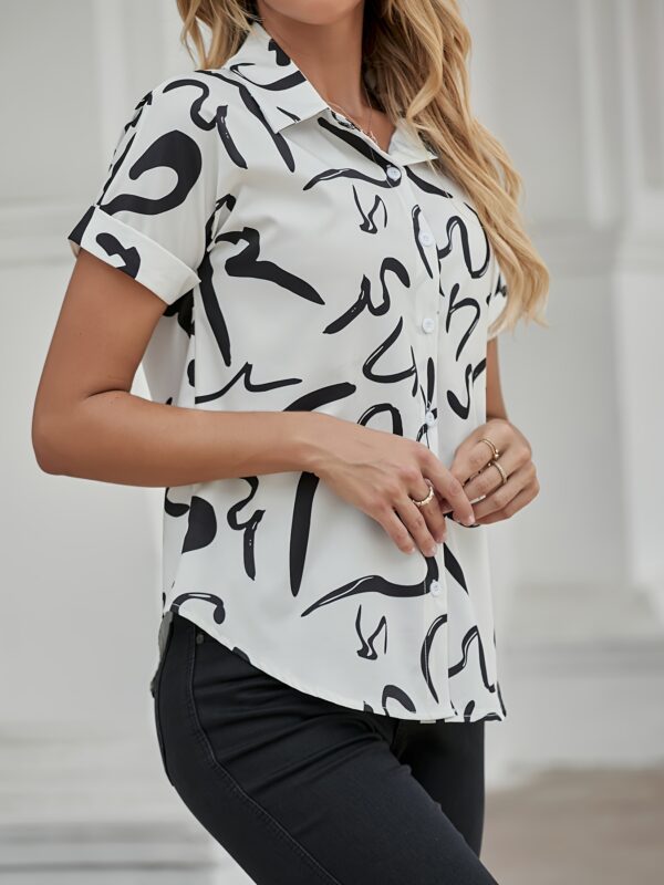 Abstract Print Button Front Blouse, Casual Short Sleeve Blouse For Spring & Summer, Women's Clothing - Image 6