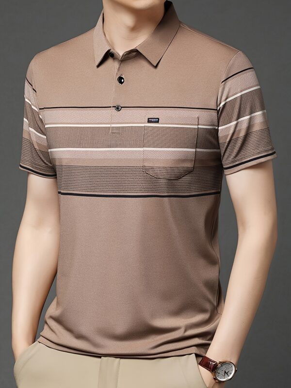 3pcs Men'S Summer Stripe Polo Shirts - Breathable Knit Fabric, Casual Short Sleeve Tees with Button Details, Sporty Dad Style for Business & Leisure - Image 4