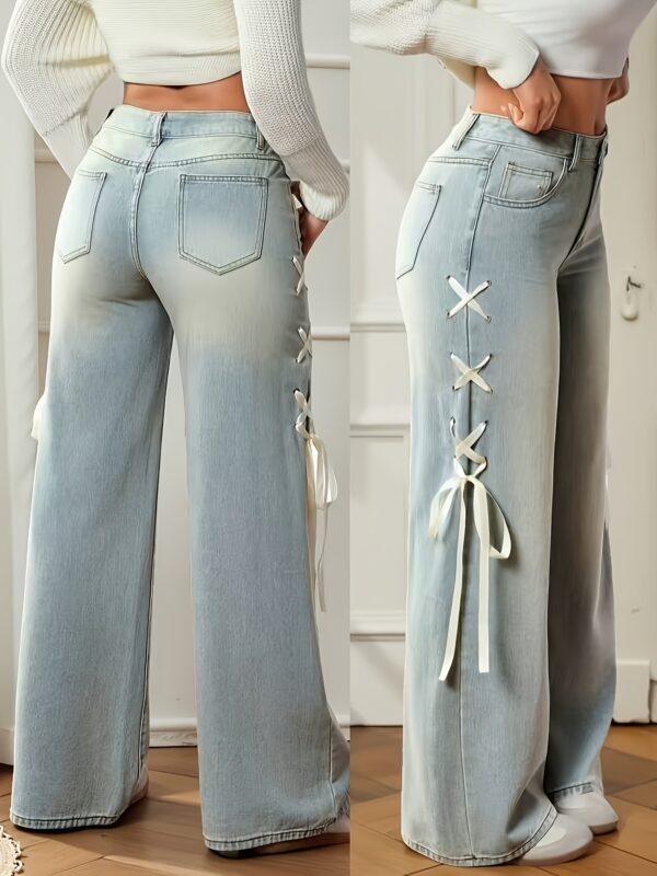 Women's Stretchy Wide-Leg Jeans with Adjustable Drawstring Waist - Mid-Stretch Denim, Machine Washable Casual Pants, Elegant Solid Color Design for All-Season Comfort