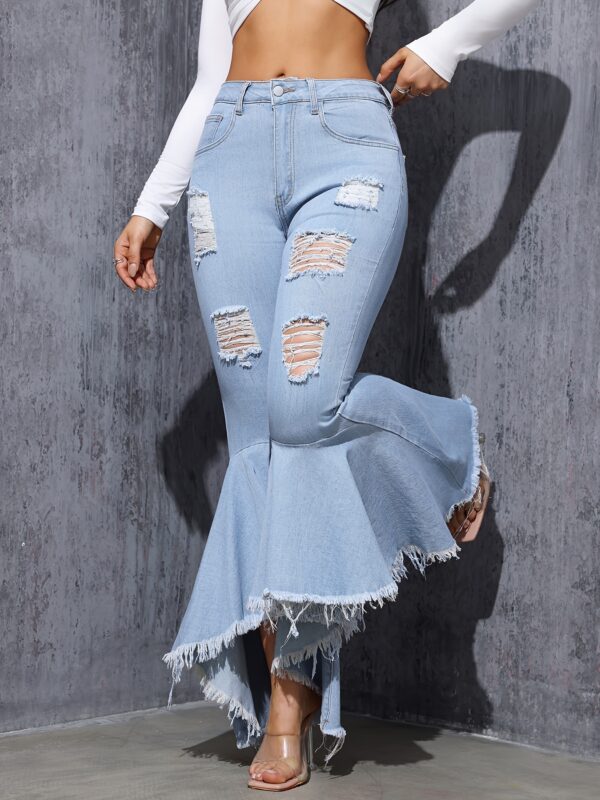 Ripped Raw Hem Flare Leg Bell Bottom Stylish Distressed Plain Washed Blue Elegant Jeans Denim Pants, Women's Denim Jeans & Clothing For Autumn - Image 6