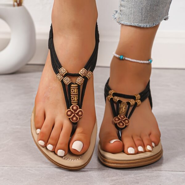 Women's Elegant Boho Chic Flat Sandals - Elastic T-Strap Slippers, Open Toe, White Braided Design, Comfortable for Casual Wear, Strappy Sandals - Image 10