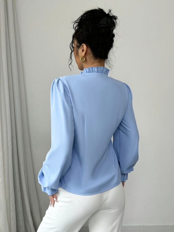 Elegant French-Inspired Women's Shirt - Blue Asymmetrical Button Front with Ruffled Cuffs, Semi-Sheer Long Sleeve Blouse, Machine Washable All-Season Versatile Top for Casual & Formal Wear, Elegant Women's Clothing | Ruffled Sleeve Blouse | Refined Appearance - Image 2