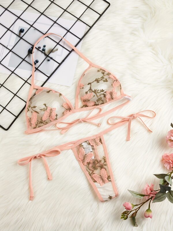 Y975 Butterfly Embroidery Mesh Lingerie Set - Sexy Drop Waist Thong with Golden & White Butterfly Design, Light Support, No Padding, Adult Women'S Fashion, Elegant Lingerie|Butterfly Print|Elastic Fabric - Image 6
