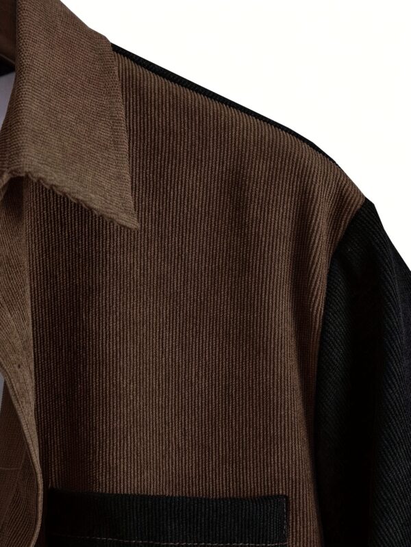 Men'S Summer Corduroy Short Sleeve Shirt with Button- Collar & Chest Pocket - Black & Brown Two-Tone Design, Casual Short Sleeve Button-Up for Casual Attire, Short Sleeve Shirts, Casual Style, Textured Fabric - Image 4