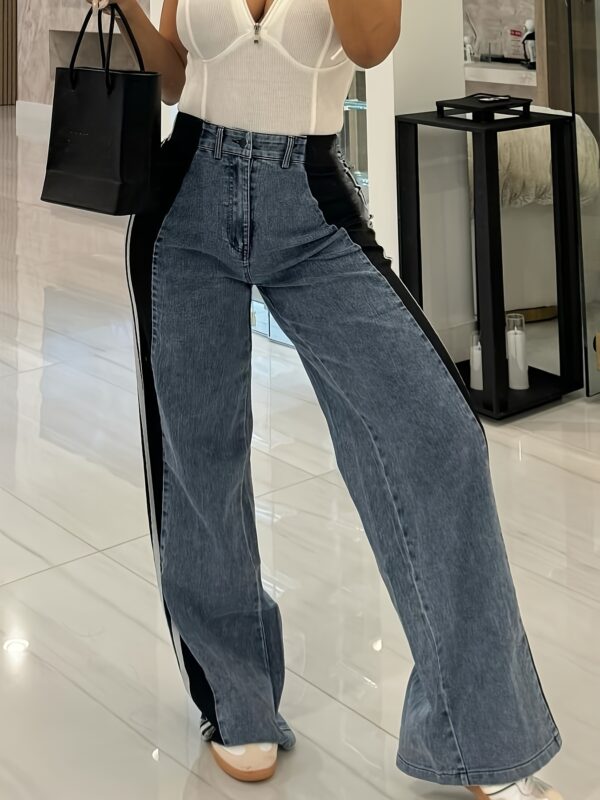 Tall Women's High-Waisted Wide-Leg Jeans - Color Block Striped Stretch Denim Pants with 10% Spandex, Straight-Leg Machine Washable Casual Elegant Trousers for All Seasons - Image 10