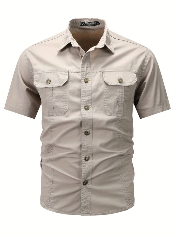 Men'S Summer Casual Short-Sleeve Shirt, 100% Cotton, Solid Color, Lapel Collar, Regular Fit, Woven Fabric, 170gsm, with Pockets, for Outdoor Hiking & Daily Wear - Image 4