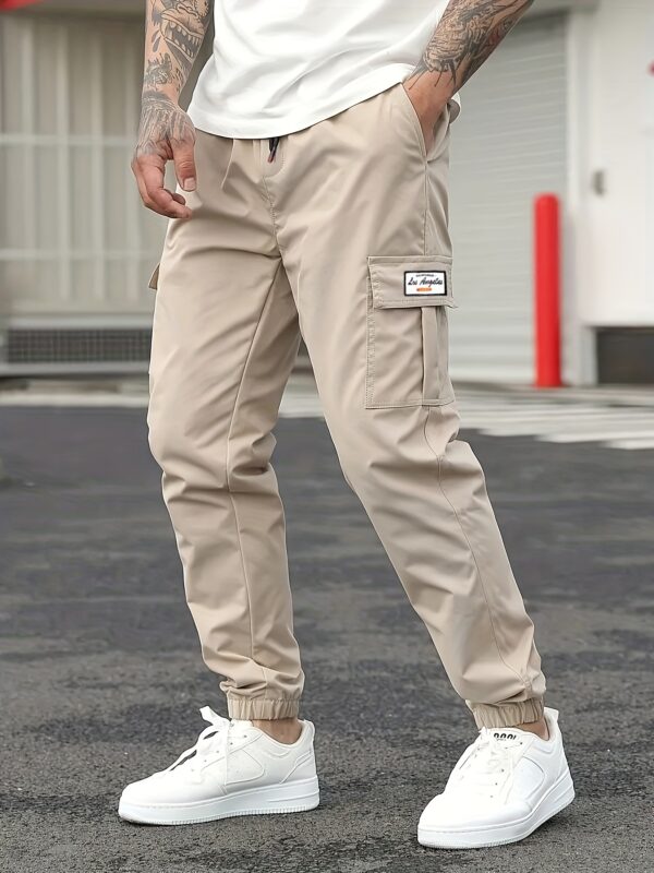 Men'S Casual Solid Color Cargo Pants, Multi-Flap Pocket Drawstring Trousers, Loose Fit Outdoor Work Pants, Streetwear Hip-Hop Style, 100% Polyester, Non-Stretch Woven Fabric, 190gsm - Regular Fit