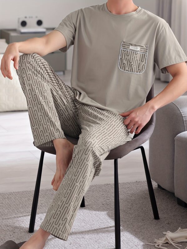 Men's Lightweight Cotton Pajama Set - Casual Solid Color Short Sleeve Tee & Pants, Breathable Summer Sleepwear with Pockets - Image 3