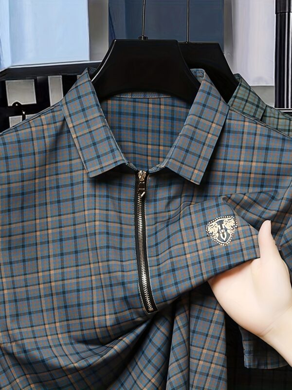 Men's Summer Casual Shirt - Dual-Sided Digital Plaid Print, Stretch Fabric & Golden Zipper Accents, Breathable Short Sleeve H-Fit for Outdoor Activities