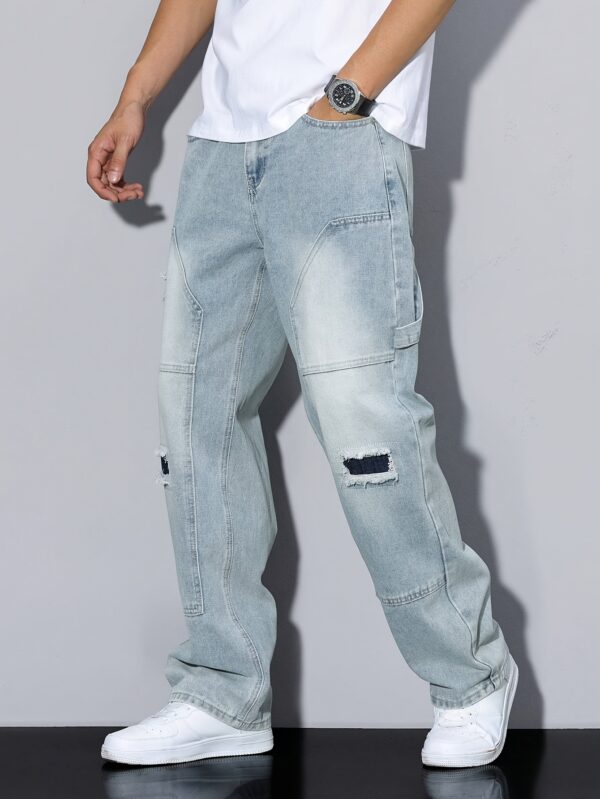 Men's high-end retro ripped patchwork light-colored jeans, perfect for all seasons, worth having. - Image 2