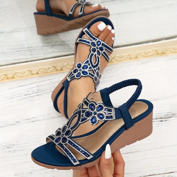Vibrant Comfort | Bohemian Style Women's Rhinestone Wedge Sandals, Open Toe Platform Heel with Elastic Strap, Summer Beach Music Festival Slip-On Shoes, Man-Made Upper/Inner/Insole, TPR Sole, Beach Sandals | Toe Post Sandals | Decorative Sandals - Image 9