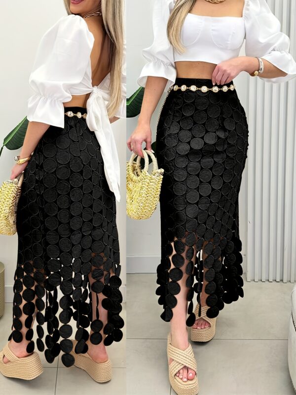 Women's Elegant White Tassel Skirt - Polyester, Mermaid Silhouette, High-Waisted, Bodycon Midi for Spring/Summer, Summer Skirt | Tassel Detailing | No Stretch Fabric - Image 3
