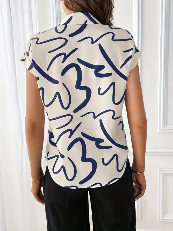Women's Elegant Geometric Print Collar Batwing Sleeve Blouse - Summer Short Sleeve Shirt with Bold Blue & White Pattern, Machine Washable Regular Fit Top for Casual & Formal Wear, Ladies Blouses - Image 2