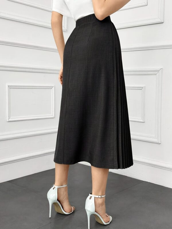 Elegant Dark Blue Pleated Midi Skirt with Front Button Detail - High-Waisted, Non-Stretch Polyester Blend for Women - Perfect for Spring & Summer Office or Casual Wear, Spring Attire | Highwaisted Skirt | Smooth Appearance - Image 5