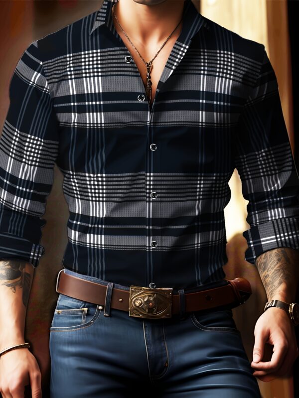 Men's Plaid Print Long Sleeve Shirt, Detailed Floral Design, Versatile Business Casual Outing Streetwear Shirt, Perfect Gift for Husband - Image 2