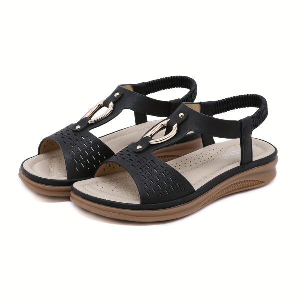 Women's Summer Wedge Heel Comfort Sandals - Metal Buckle, Perforated, Elastic Ankle Strap, Breathable, Daily Commute & Walking - Image 13