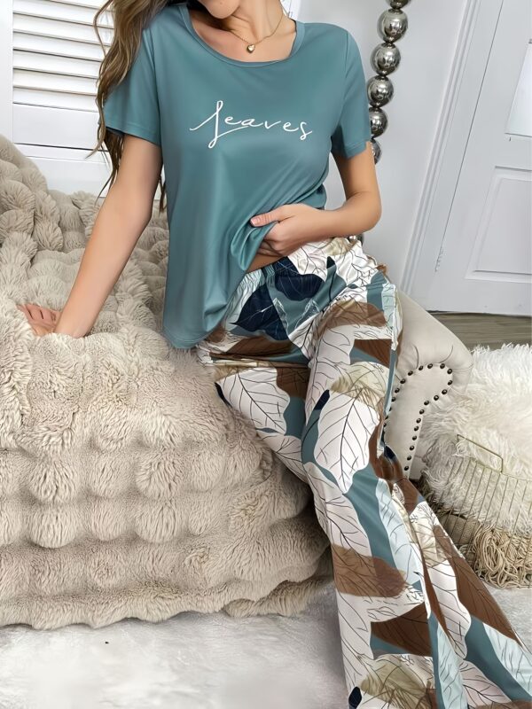 Elegant Leaf Print Pajama Set for Women, Polyester Knit Fabric, Crew Neck Short Sleeve Top and Long Pants Sleepwear Lounge Set with Alphabet Pattern - Image 10