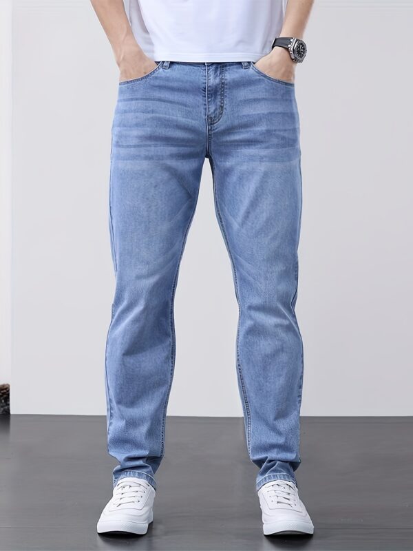Men's Classic Blue Jeans - Lightweight Stretch Denim, Slim Fit Straight Leg with Pockets, Machine Washable, Versatile for Everyday & Outdoor Wear, All-Season Comfort, Polyester Blend, Mid-Rise Design - Image 2