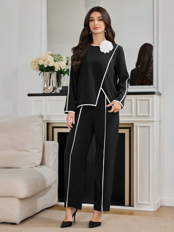 Two-piece Women's set with contrasting floral trim top and pants - Image 7