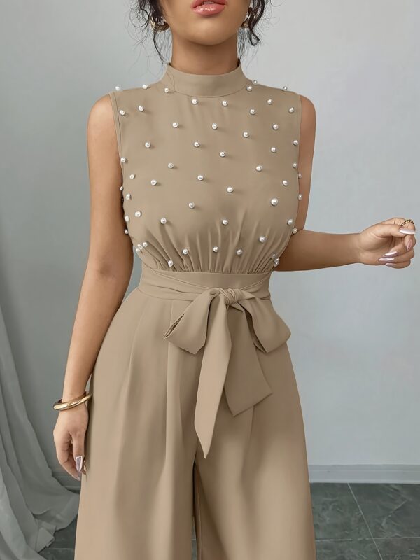 Women's Elegant Beaded Pearl Sleeveless Top & Wide-Leg Pants Jumpsuit - Stand Collar Beige All-Season Machine Washable Polyester for Concerts, Weddings, Daily Commute - Image 5