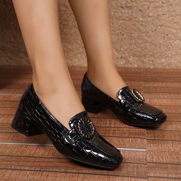 Women's European-Inspired Square-Toe Mary Jane Shoes with Crystal Accents - Lightweight Synthetic Cover Mid Block Heel, All-Season Comfort & Non-Slip Rubber Sole - Red/Green/Black, Semiformal Footwear, Sophisticated Shoe Design, Textured Shoe Surface - Image 15