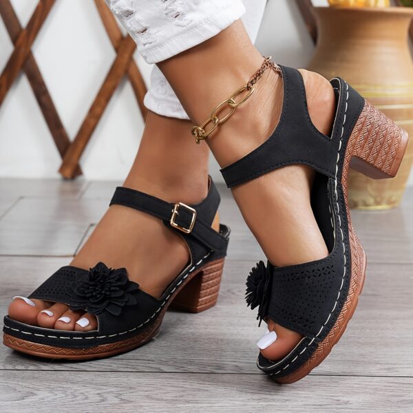 Women’s Floral Wedge Sandals - Peep Toe, Ankle Strap Platform Shoes with 7.62-10.16 cm Heel Brown, Blue & Black - Comfortable Summer Footwear for Casual or Outdoor Wear - Image 16