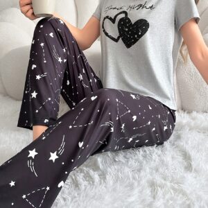 Heart & Star & Letter Print Pajama Set, Casual Short Sleeve Round Neck Top & Elastic Pants, Women's Sleepwear