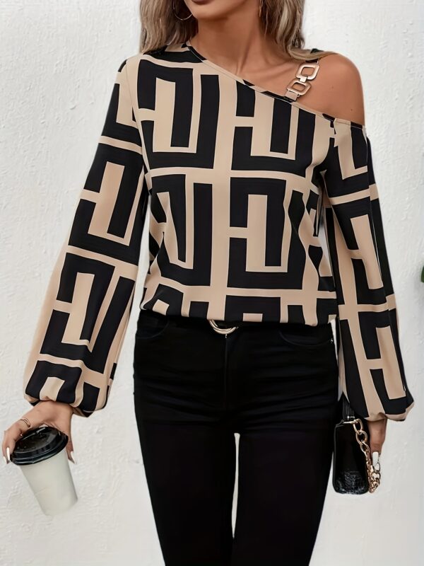 Women's Elegant Off-Shoulder Geometric Print Blouse - Stylish Asymmetrical Loose Fit Top with Chain Detail, Black & Beige Pattern, Perfect for Spring/Summer Outfits - Image 6