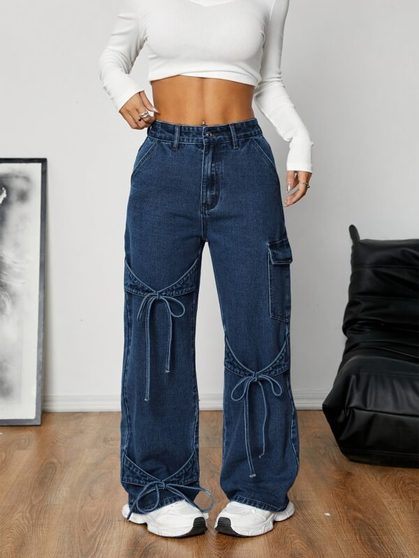 Women'S Casual Straight-Leg Denim Jeans with Adjustable Bow Tie Waist, Loose Fit Wide-Leg Pants, Non-Stretch Fabric, Spring/Fall Season, Casual Wear Jeans | Relaxed Fit Jeans | Nonstretch Fabric - Image 13