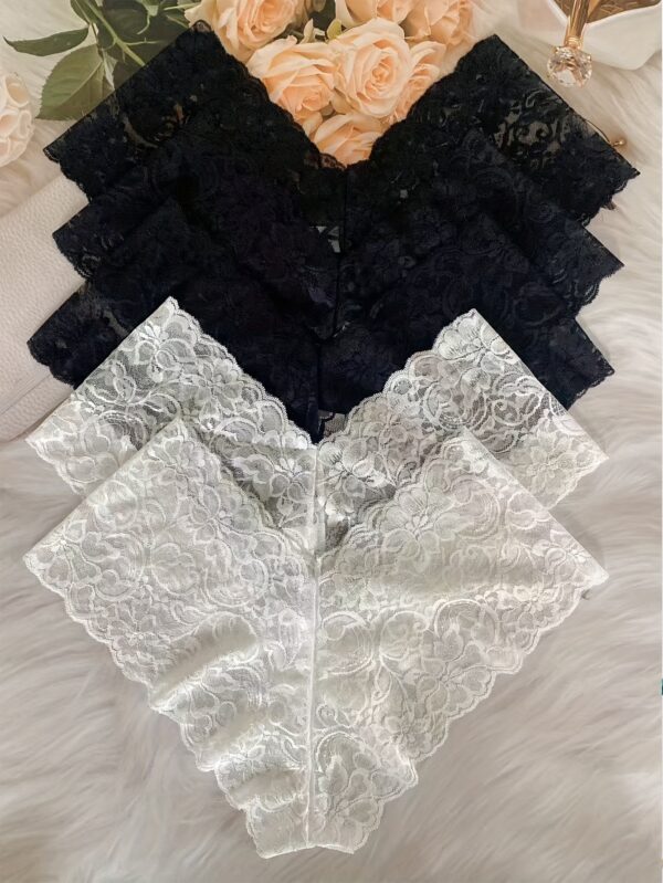 5pcs Sexy Lace Thong Underwear Set - Black & White, Floral Pattern, Mid-Rise, Comfortable & Supportive, Adult Women'S Fashion Briefs, Fashionable Underwear | Floral Lace Design | Comfortable Support, Lace Underwear - Image 8
