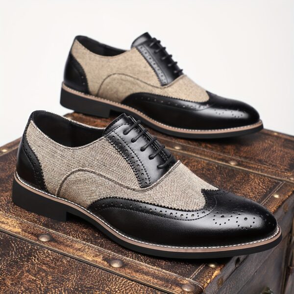 Men'S Vintage Business Casual Shoes - Low-Top Lace-Up Dress Shoes with Pointed Toe, Faux Upper & Inner, Rubber Sole & Insole, Beige & Brown Striped Design for Daily & Professional Wear, Classic Dress Shoes, Fabric Lined Interior - Image 10