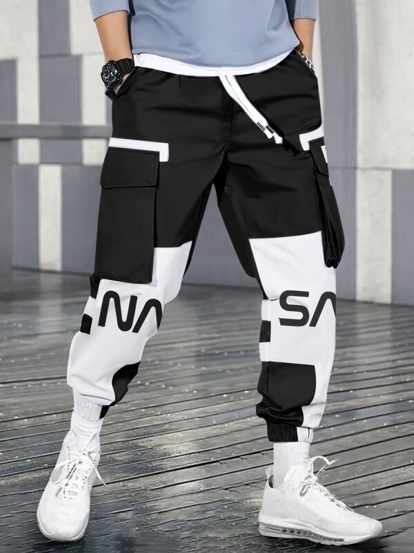 Men's Color Blocking Cargo Pants with Multi Pockets, Casual Drawstring Trousers for Outdoor Activities