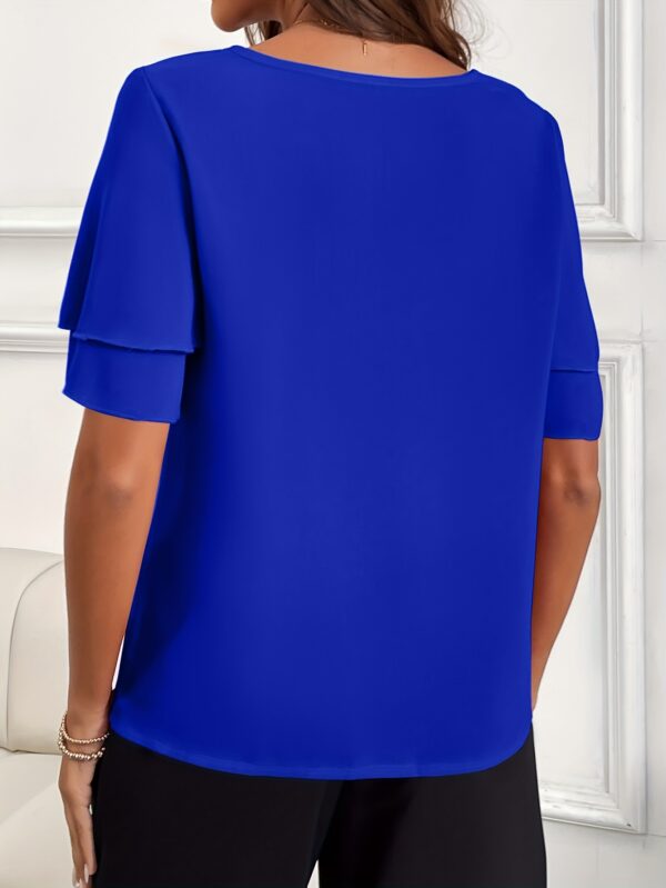 Solid Color Keyhole Blouse, Elegant Crew Neck Short Sleeve Top For Spring & Summer, Women's Clothing - Image 10