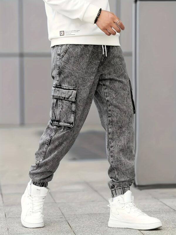 Men's Slim Fit Cargo Jeans - Stylish Gray Denim with Multiple Pockets, Durable Cotton/Polyester Blend, All-Season Wear - Image 5
