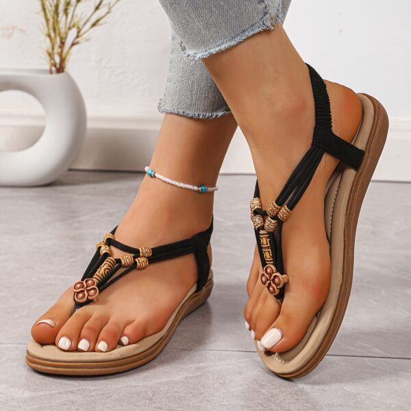 Women's Elegant Boho Chic Flat Sandals - Elastic T-Strap Slippers, Open Toe, White Braided Design, Comfortable for Casual Wear, Strappy Sandals - Image 18