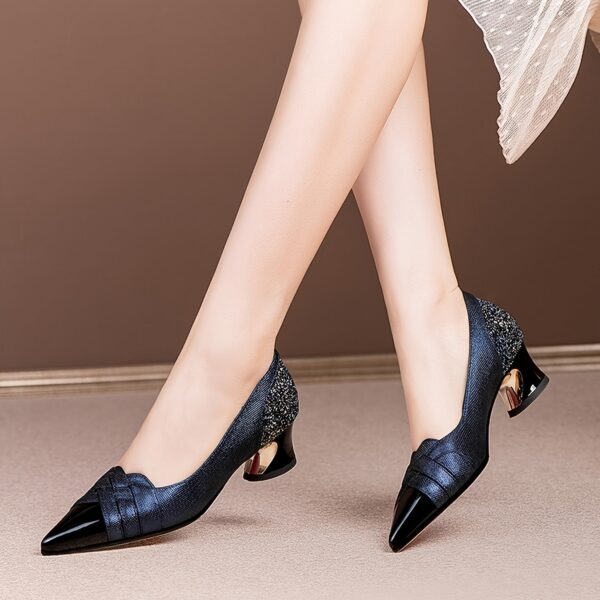 Women's Pointed Toe Block Heel Pumps - Navy Blue & Black Glossy Fabric Upper with Comfortable Mid-Heel, Rubber Sole & Synthetic Cover Lining for Fall Fashion, Office, Parties & Formal Events, Office Wear, Stylish Heels, Quality Craftsmanship, Midheel Shoes, Professional Women - Image 4