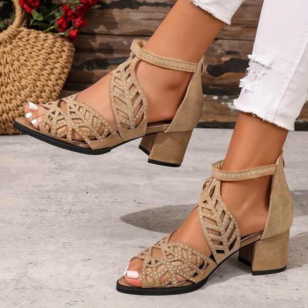 Women's Comfortable Mid-Heel Sandals - Versatile Open-Toe Design with Back Zipper, Chunky Heel & Cut-Out Patterns, Perfect for Hot Summer Days, Black & Beige Options, Durable Rubber Sole, Strappy Sandals - Image 5