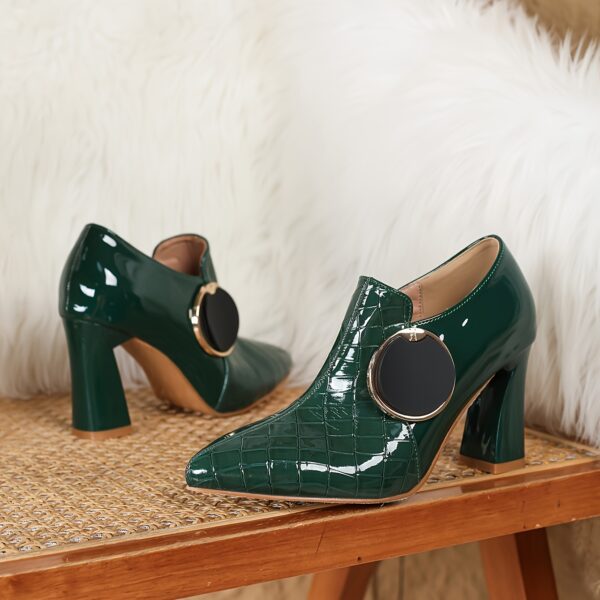 Women's Emerald Green Crocodile-Embossed Synthetic Cover Pointed-Toe Stiletto Heel Pumps with Metallic Button Detail - Chunky Block Heel, Comfortable Block Heels for Parties, Weddings & Formal Events, Evening Wear, Stylish Footwear, Highquality Finish, Fashion Shoes, Party Goers - Image 2