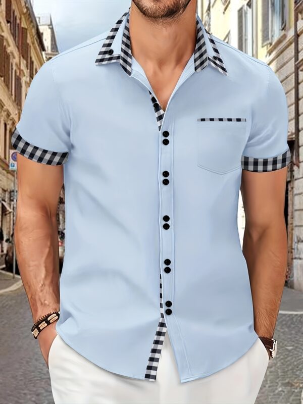 Men's Summer Short Sleeve Plaid Button Shirt with Patchwork Pockets Casual Shirt - Image 2