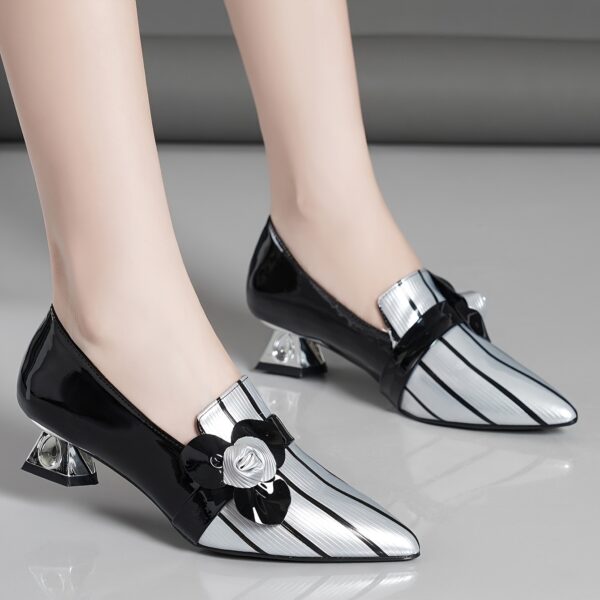 Elegant Women'S Black & Silvery Pointed Toe Pumps - Mid-Heel, Synthetic Cover, Rubber Sole, Fall Season Fashion Shoes with Decorative Bow Detai - Image 2