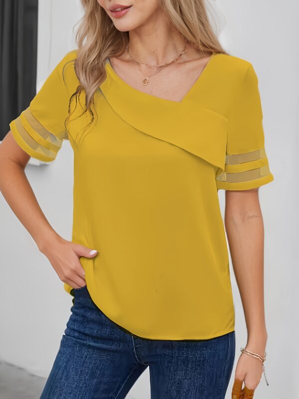 2025 Summer Casual Minimalist Mesh Spliced Short Sleeve Shirt for Women, Cross-Border Fashion - Image 8
