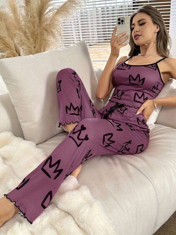 Adult Crown Print Pajama Set - Sexy Style, Sleeveless Spaghetti Strap Top & Long Pants with Bow Detail, Polyester Blend, All-Season Comfort, Bedroom Essentials|Sexy Pajama Set|Polyester Fabric - Image 13