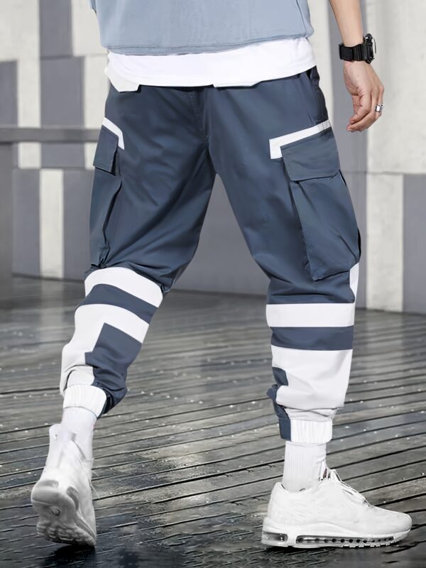 Men's Color Blocking Cargo Pants with Multi Pockets, Casual Drawstring Trousers for Outdoor Activities - Image 7